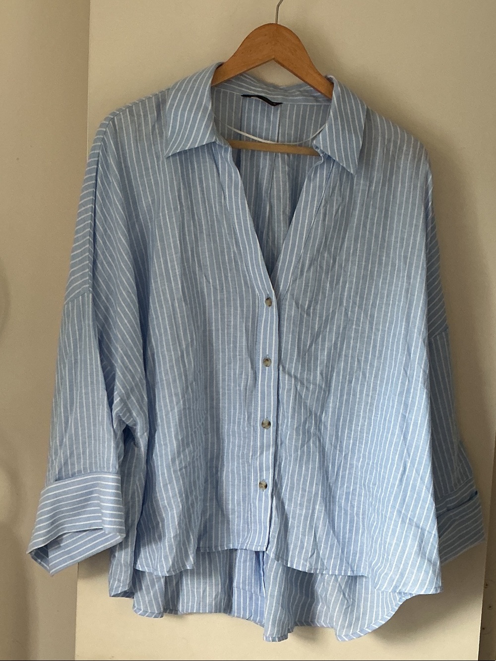 Zara Light Blue & White Striped Cotton Button-Down Shirt